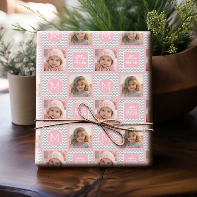 Papel De Regalo Chevrons gris y rosa - Foto y monograma (Personalized Photo Wrapping Paper)