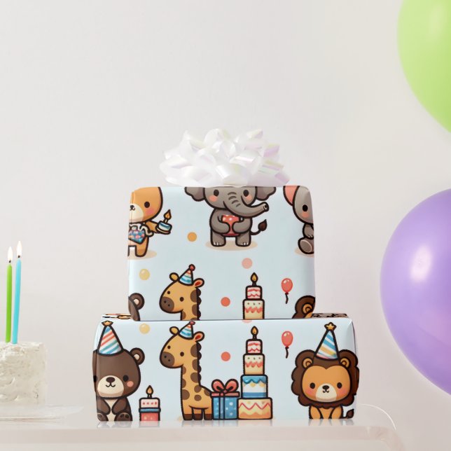Papel De Regalo Chibi Style Animals en Gorras de cumpleaños envolv (Regalos de fiesta)