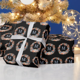 Papel De Regalo Chic Black Elegant Monogram Wreath Christmas