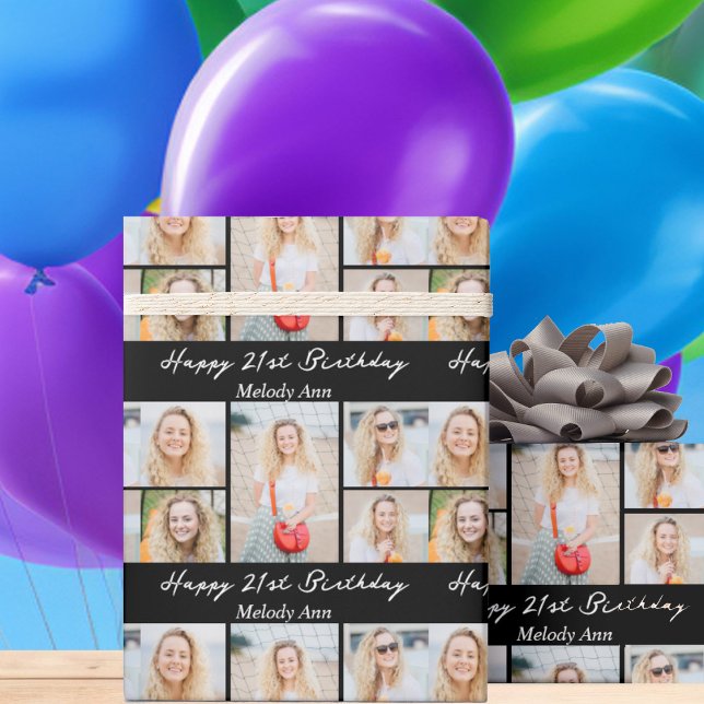 Papel De Regalo Chic Black Happy Birthday Photo Collage (Subido por el creador)