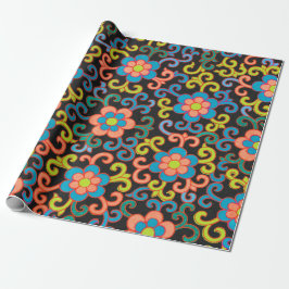 Papel De Regalo Chic Black Pattern with Colorful Floral 