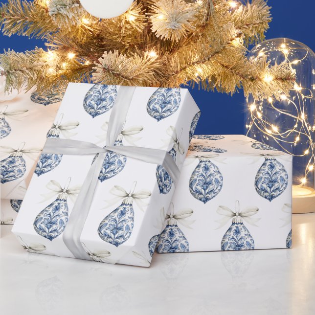 Papel De Regalo Chic Blue White Bows Ornaments Christmas (Vacaciones)