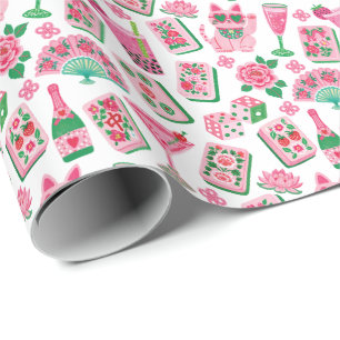 Papel De Regalo Chic Caprichoso Rosa y Verde Fiesta de Mahjong