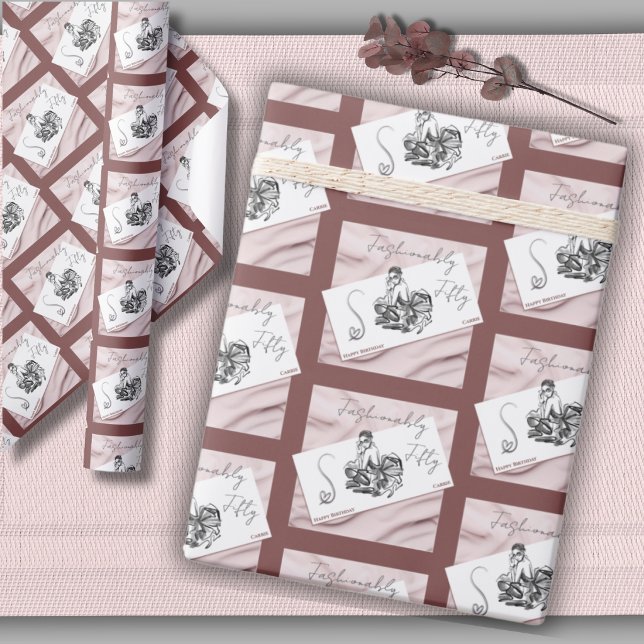 Papel de regalo Chic Couture Fifty con Estilo (Chic Fashionably Fifty wrapping paper with couture fashion sketch grid and terracotta borders.)