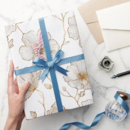 Papel De Regalo Chic Gold Line Flower White Floral Pattern