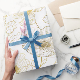 Papel De Regalo Chic Gold Line Flower White Floral Pattern