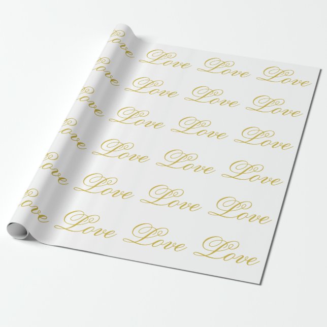 Papel De Regalo Chic Gold Script Amor Blanco Boda Postales (Desenrollado)
