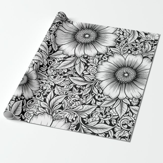 Papel De Regalo Chic Monochrome Floral Luxury Pattern (7) (Desenrollado)