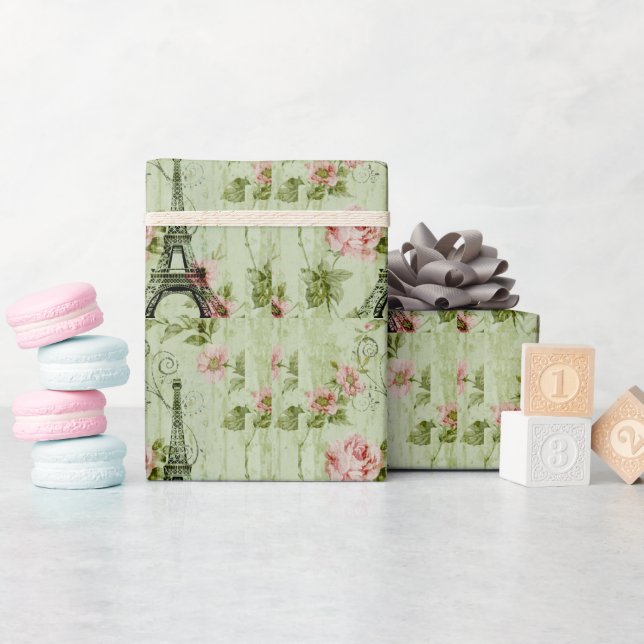 Papel De Regalo chic primavera menta rosa floral paris torre eiffe (Baby Shower)