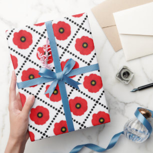 Papel De Regalo Chic Sencillo Rojo, Amapolas Florales Negras y Bla