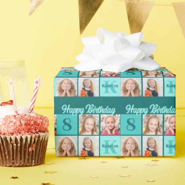 Papel De Regalo Chic Teal Birthday Party Custom Photo Collage (Fiesta de cumpleaños )
