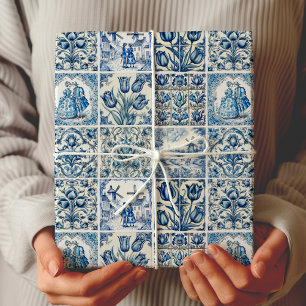 Papel De Regalo Chic Vintage Azul Blanco Toile De Jouy Muñecas Flo