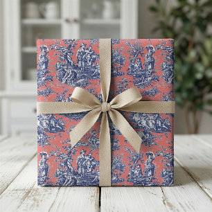 Papel De Regalo Chic Vintage Coral Rojo Azul Toile de Jouy