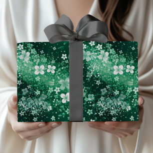 Papel De Regalo Chic White Green Shamrocks & Dots sobre Verde Oscu