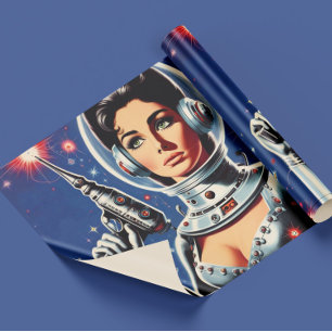 Papel De Regalo Chica Astronauta de Ciencia Ficción Vintage