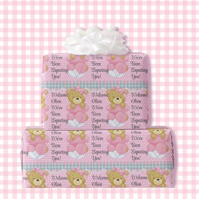 Papel De Regalo Chica Baby Shower Teddy Bear Añadir nombre Pastel  (Subido por el creador)