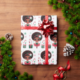 Papel De Regalo Chica Bailarina Negra Afro Puff Rojo Verde Navidad