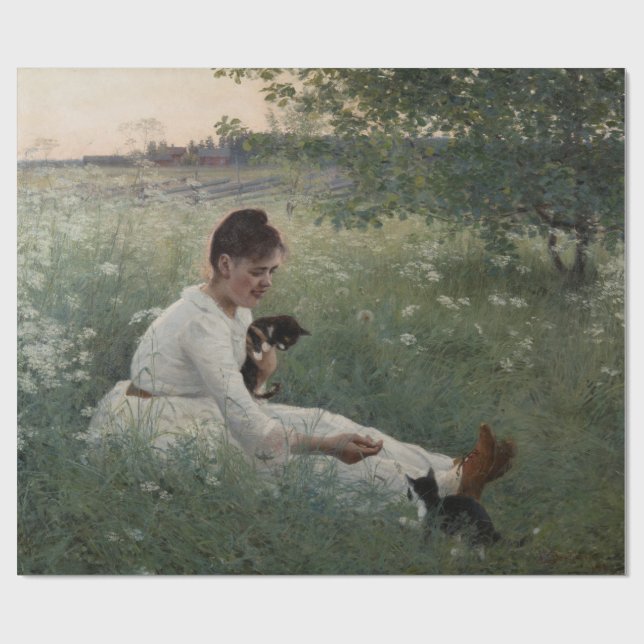 Papel De Regalo Chica con gatos en un paisaje veraniego (gatitos) (Superficie plana)