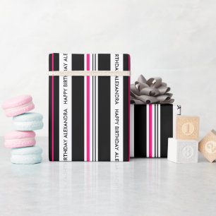 Papel De Regalo Chica Cumpleaños Negro y Rosa Caliente