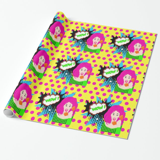 Papel De Regalo Chica de arte pop por teléfono (Desenrollado)