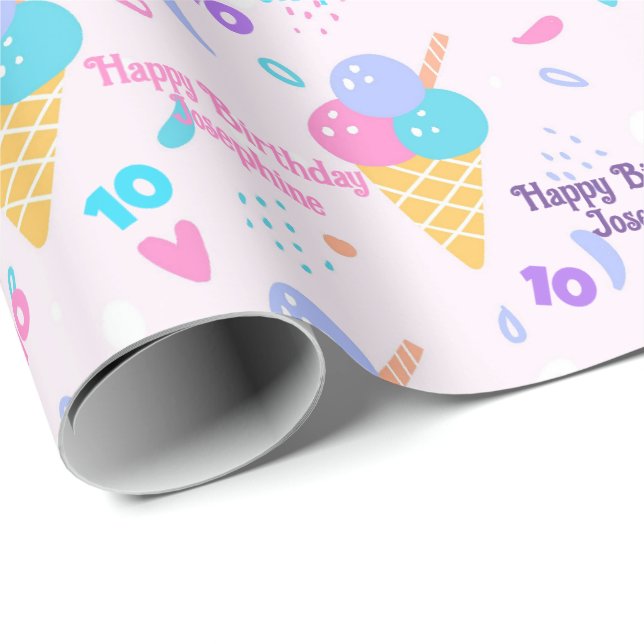 Papel De Regalo Chica de cumpleaños Añadir nombre y cono de crema  (Esquina del rollo)