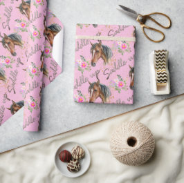 Papel De Regalo Chica de cumpleaños rosada de caballo marrón