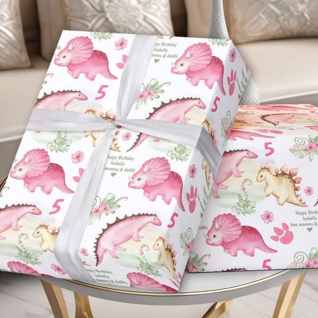 Papel De Regalo Chica de dinosaurios rosados Nombre personalizado  (Pink Dinosaur Girl Birthday Custom Name Text Wrapping Paper)