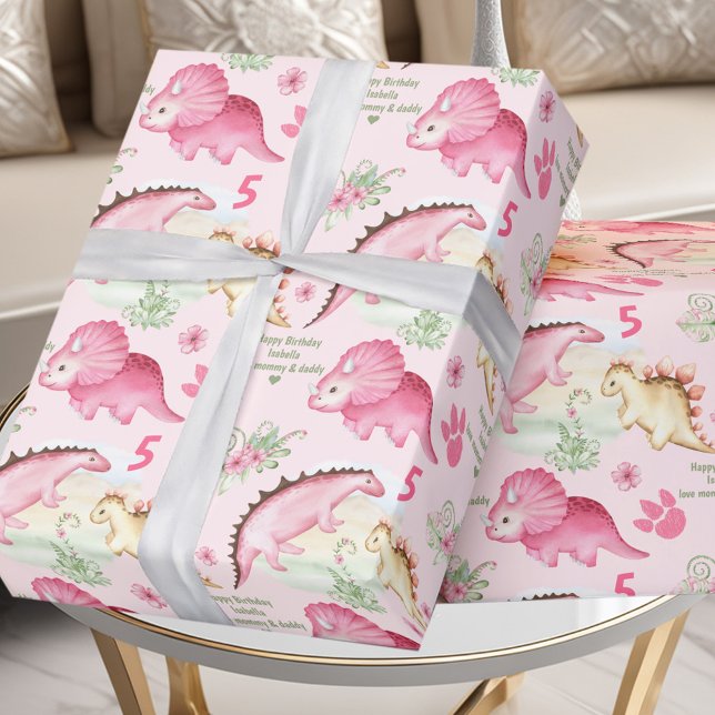 Papel De Regalo Chica de dinosaurios rosados Número de nombre pers (Pink Dinosaur Girl Birthday Custom Name Number Wrapping Paper)