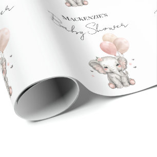Papel De Regalo Chica de Elefante y Globos Rosados Baby Shower