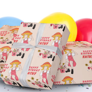 Papel De Regalo Chica de jardinería con girasoles feliz cumpleaños