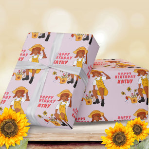 Papel De Regalo Chica de jardinería con girasoles feliz cumpleaños
