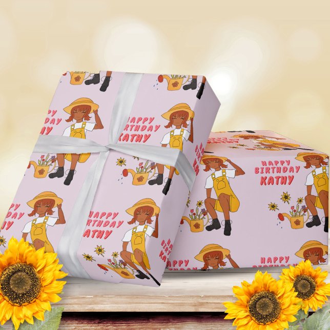 Papel De Regalo Chica de jardinería con girasoles feliz cumpleaños (Subido por el creador)