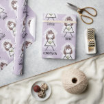 Papel De Regalo Chica de la figura del palo de novia con texto de<br><div class="desc">Texto de la novia sobre fondo morado con adorable chica con un lindo palo con un velo de novia blanco,  vestido de encaje,  cabello,  collar de perlas y un ramo de margarita para la ducha de novias. Se puede cambiar el color de fondo.</div>
