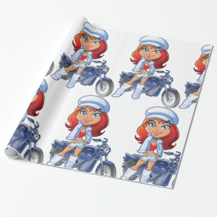 Papel De Regalo Chica de motociclismo elegante con pelo rojo y mot