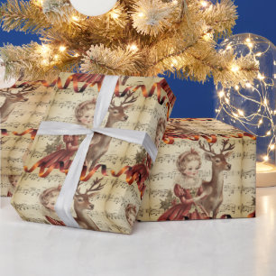 Papel De Regalo Chica de Música Vintage y Reno de Navidad