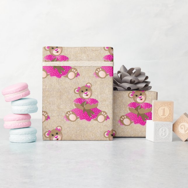 Papel De Regalo Chica De Oso De Teddy Con Vestido De Bebé Rosa (Baby Shower)