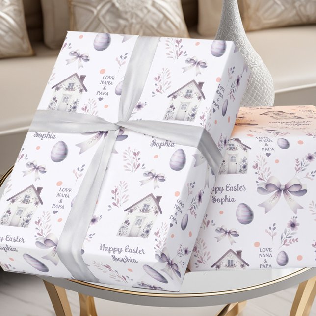 Papel De Regalo Chica de Pascua Primavera nombre personalizado mor (Easter Girl Spring Personalized Name Purple Wrapping Paper)