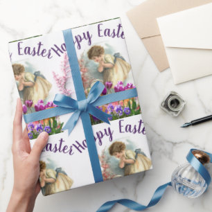 Papel De Regalo Chica de Pascua Vintage con flores de tulipán