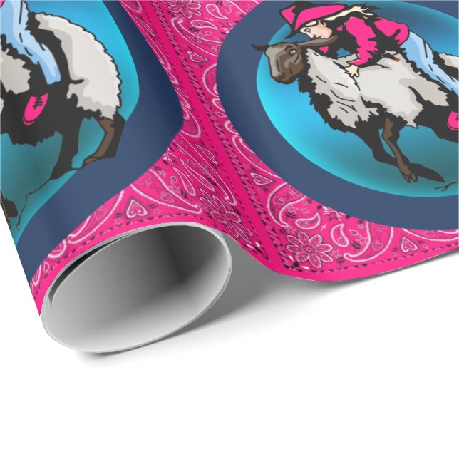 Papel De Regalo Chica De Rodeo Occidental En Oveja Mutton Bustin (Esquina del rollo)
