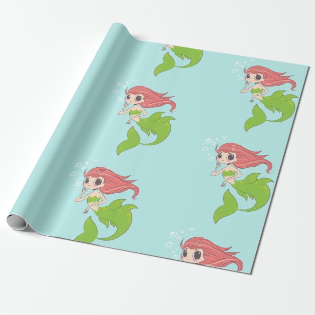 Papel De Regalo Chica de sirena en azul con burbujas (Desenrollado)