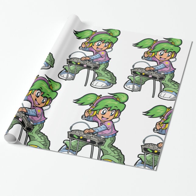 Papel De Regalo CHICA DJ con cabello verde y audífonos (Desenrollado)