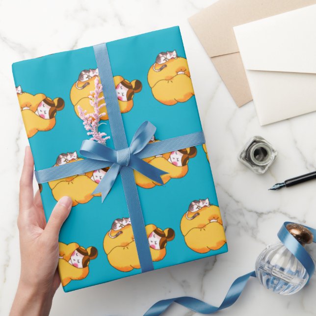 Papel De Regalo Chica durmiente con gato acogedor (Regalar)