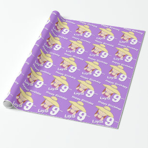 Papel De Regalo Chica en la edad de arte gorra y nombre 9 cumpleañ