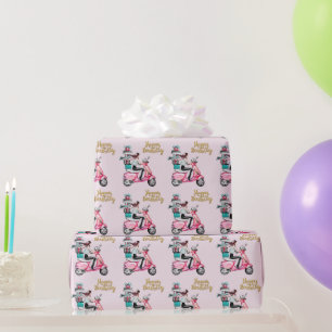 Papel De Regalo Chica en Scooter Feliz cumpleaños