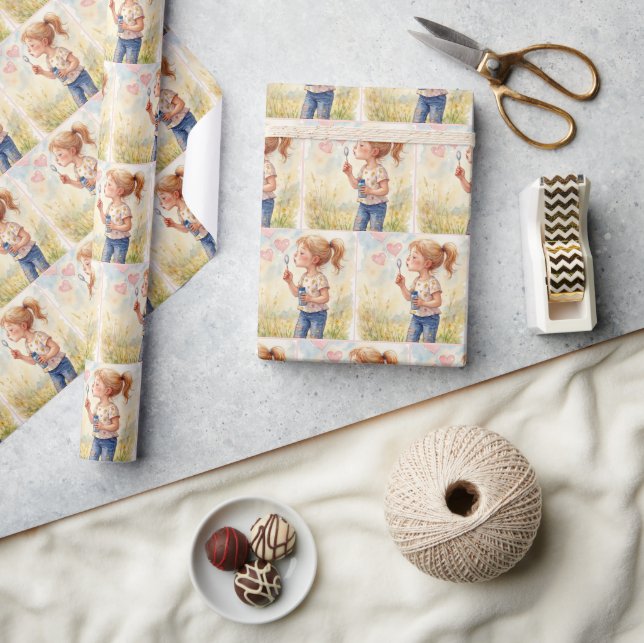 Papel De Regalo Chica Inundando Burbujas De Corazón En Acuarela (Artesanía)