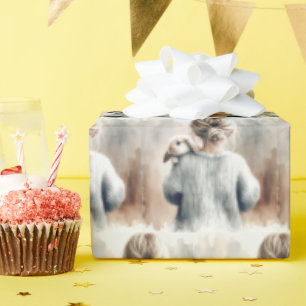 Papel De Regalo Chica joven acuarela con conejo Mascota