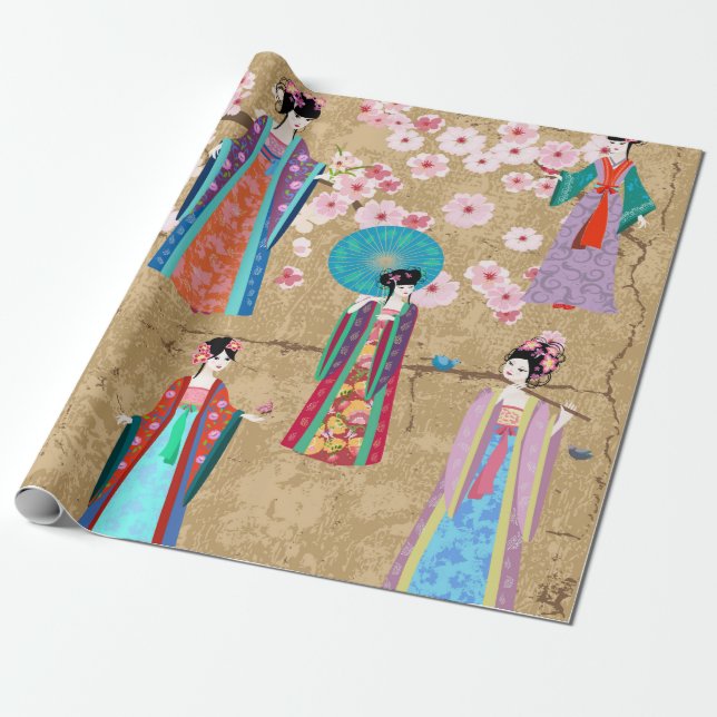 Papel De Regalo Chica oriental en trajes retro mejapaneses, chino, (Desenrollado)