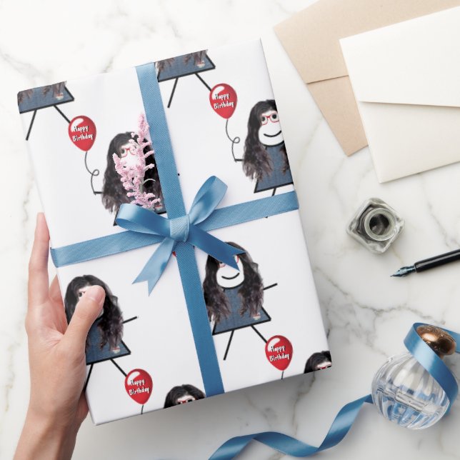 Papel De Regalo Chica Palo Con Globo De Cumpleaños Rojo (Regalar)