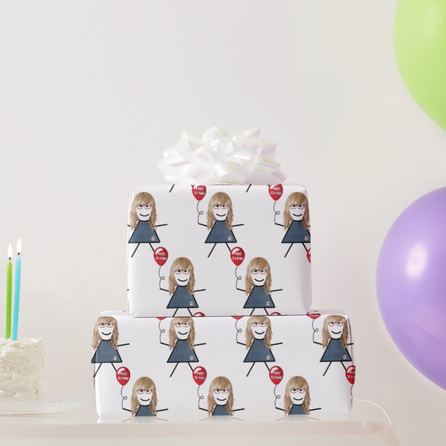 Papel De Regalo Chica Palo Con Globo De Cumpleaños Rojo (Regalos de fiesta)