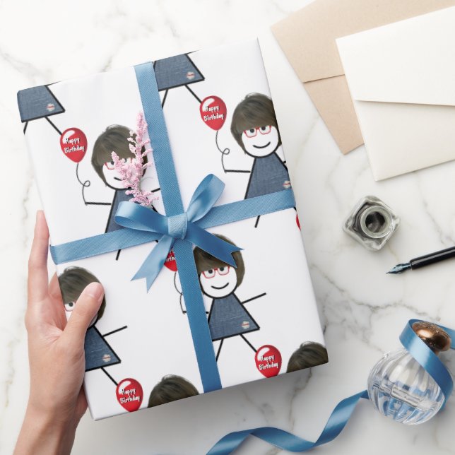 Papel De Regalo Chica Palo Con Globo De Cumpleaños Rojo (Regalar)